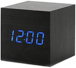 ThreeH Wooden Digital Alarm Clock,Cube Little Clock with LED Temperature Time Calendar Display,Sound Control,Snooze Mode,USB/Battery Powered Clock for Home Office AC10 Black_Blue