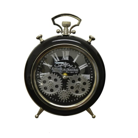 Three Star 10 x 7 in. Black Table Clock With Moving Gears