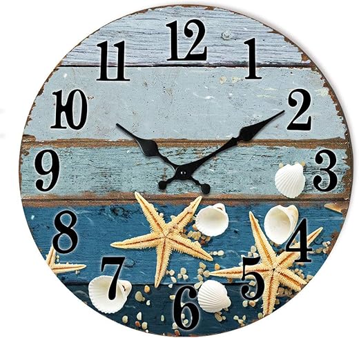 TIANCENTRAL H Seashell Wall Clock, 12 inches, Silent Non-Ticking Quartz Mechanism, Easy to Read, Lightweight Wooden Beach Theme