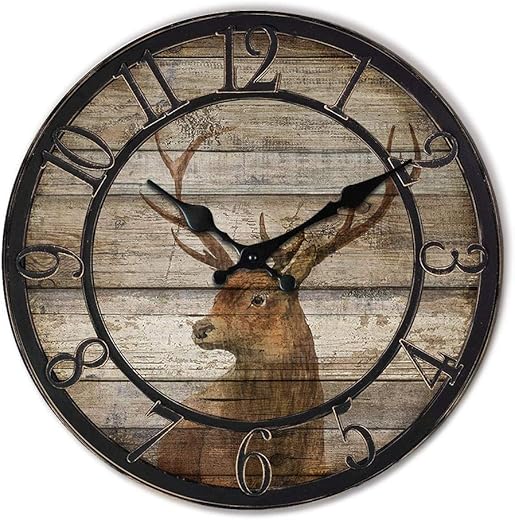 TIANCENTRAL H Wood Deer Clocks for Living Room Round Silent Wall Clock Vintage Decoration Time Clocks Home Kitchen School Office Wall Clocks Battery Operated by 12 inches