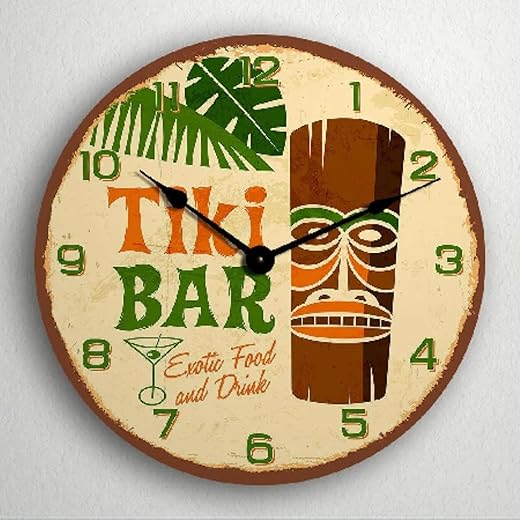 Tiki Bar Wall Clock Retro Tropical Polynesian Themed Wood Clock 10 Silent Non-Ticking Quartz Battery Operated Clock for Living Room Kitchen Bedroom Farmhouse Home Decor Birthday Wedding Gift