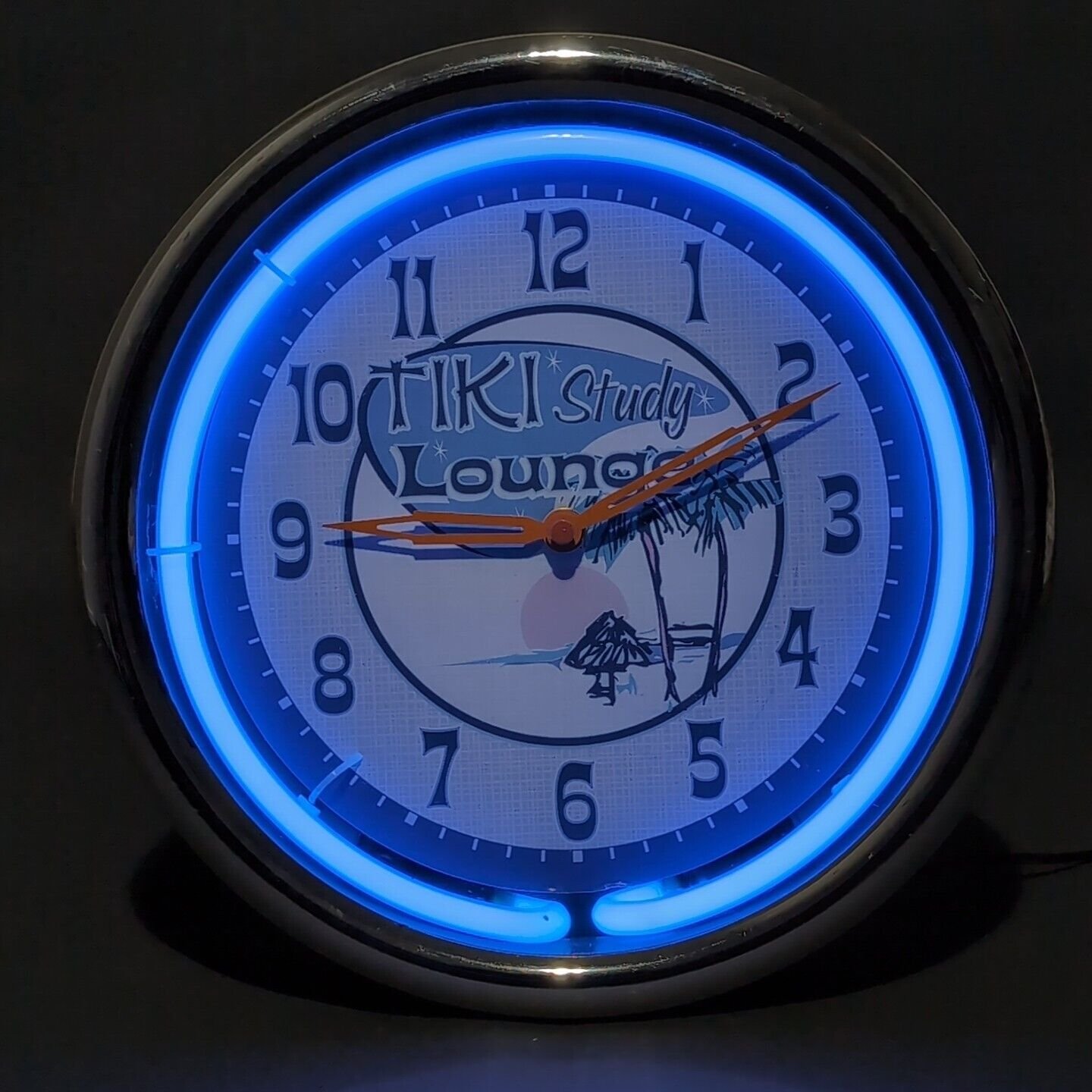 Tiki Study Lounge Neon Blue Lighted 12" Wall Clock for Bar Man Cave w/Power Cord