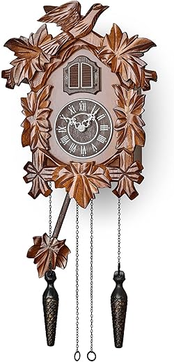 TIMEGEAR Cuckoo Clock with Night Mode, Hand Carved Decorations and Swinging Pendulum (Brown)