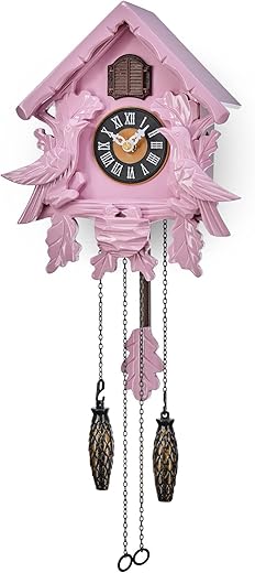 TIMEGEAR Cuckoo Clock with Night Mode, Singing Bird, Wooden Decorations and Swinging Pendulum (Pink)