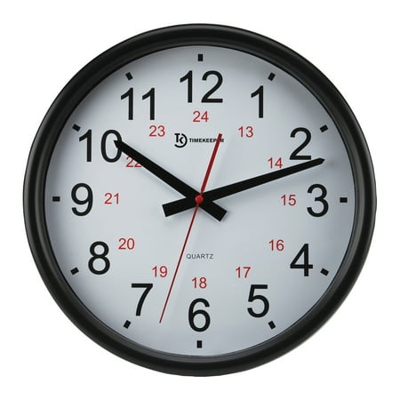 Timekeeper OP201 14-In. Quartz Black and White Indoor/Outdoor Wall Clock with Standard and Military Time, Black and Red Hands, and Black Rim