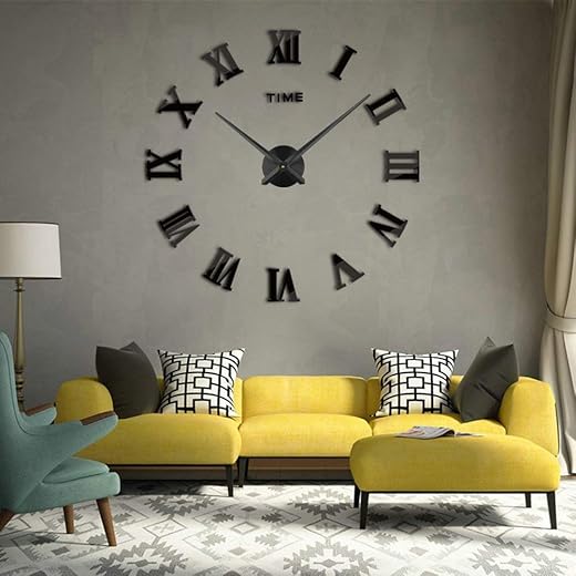 Timelike 3D DIY Wall Clock, 1M Modern Frameless Large 3D DIY Wall Clock Kit Decoration Home for Living Room Bedroom (Black-Black)