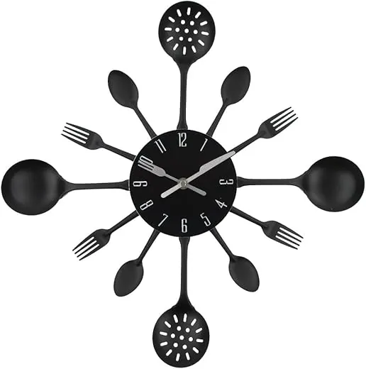 Timelike Wall Clock, 16 Metal Kitchen Cutlery Utensil Spoon Fork Wall Clock Creative Modern Home Decor Antique Style Wall Watch (Black-Black)