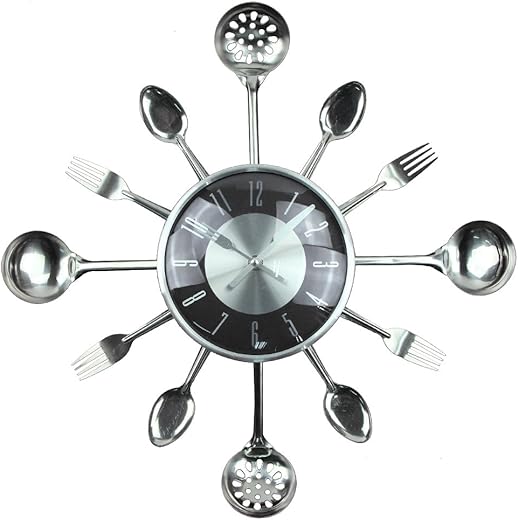 Timelike Wall Clock, 18 Metal Kitchen Cutlery Utensil Spoon Fork Wall Clock Creative Modern Home Decor Antique Style Wall Watch (Black)