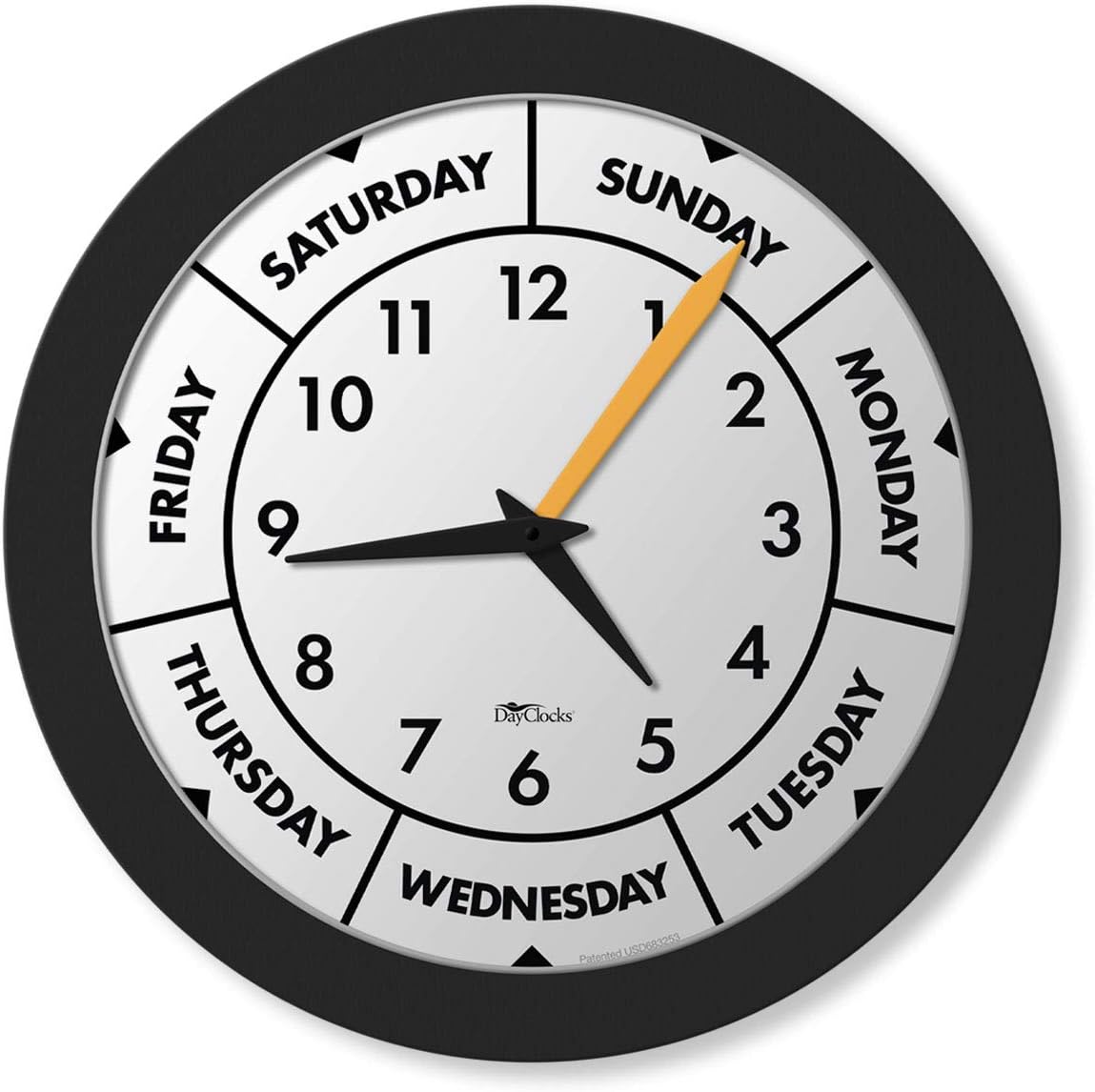 Time & Week-Day Wall Clock with Solid Plastic Frame – Weekly Analog Clock with Days, Hours & Minutes – Quiet Wall Mounted Clock - Ideal Retirement Gift for Men & Women, Black, 12