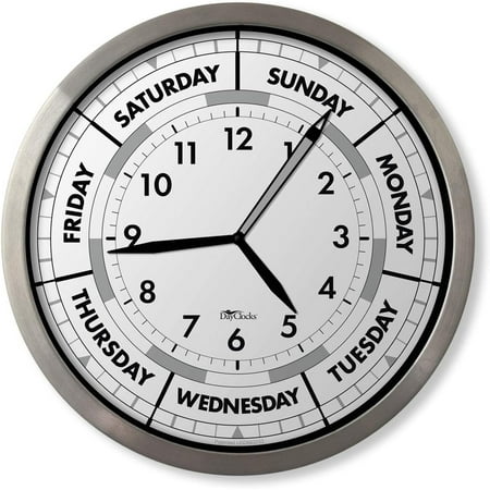 Time & Week-Day Wall Clock with Solid Wood Frame – Weekly Analog Clock with Days, Hours & Minutes – Quiet Wall Mounted Clock - Ideal Retirement Gift for Men & Women, Pine Wood, 10