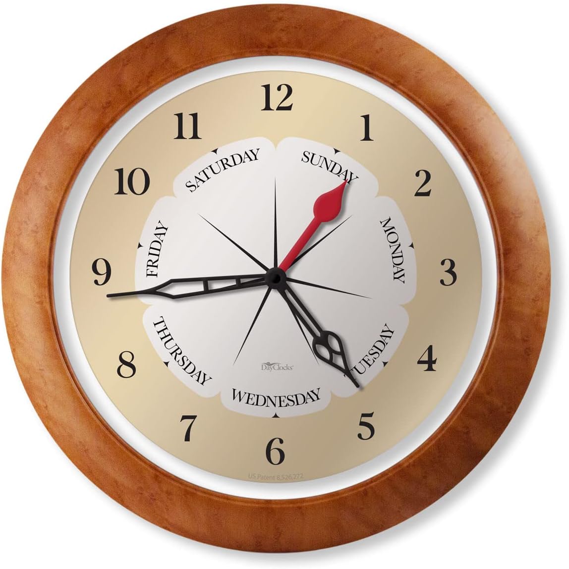 Time & Week-Day Wall Clock with Transparent Frame Ring – Weekly Clock with Days, Hours & Minutes - Ideal Retirement Gift for Men & Women, Maple Accent Frame, 13.5