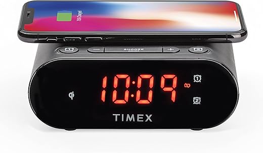 Timex Bedside Wireless Charging Dual Alarm Clock, with Large LED Display, Dimmer, Snooze bar and Battery Backup (TW300)- Perfect for Bedside Tables