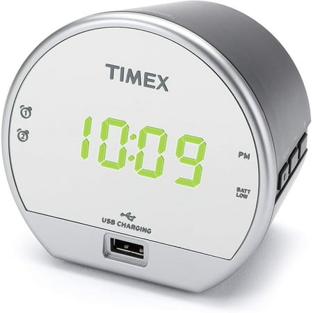 Timex Dual Alarm Clock with USB Charging and Battery Backup, Wake to Buzzer Alarm with Soft or Loud Volume Switch, White