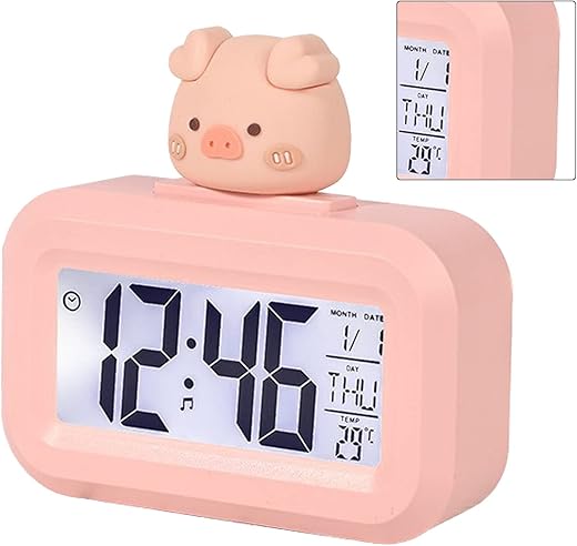 Tnfeeon Cute Electronic Alarm, Eye Electronic Clock Clear Display for Girls for Bedroom Mini Size (Piggy)