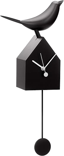 Torre & Tagus Motion Birdhouse Wall Clock with Beak Movement and Detachable Pendulum for Tabletop Placement - Mid Century Modern Bird House Wall Decor Gift for Bird Lovers, Black