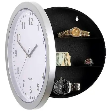 Total Value - Wall Clock with Hidden Safe Home Secret Interior Jewelry Cash Storage - Black Silver