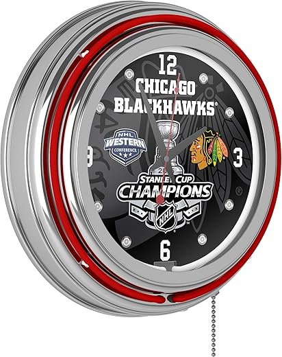 Trademark Global Chicago Blackhawks Chrome Double Neon Clock - 2015 Stanley Cup Champs