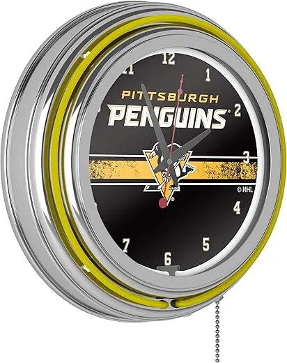 Trademark Global Neon Clock - Retro Pittsburgh Penguins Logo Analog Wall Clock with Pull Chain - for Kitchen, Garage, Game Room, or Home Bar