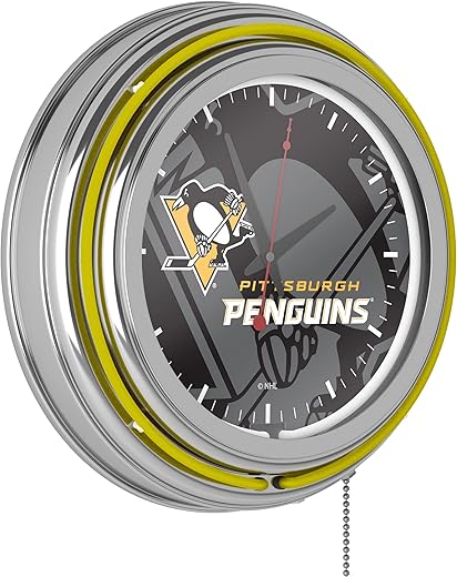 Trademark Global Neon Clock - Retro Pittsburgh Penguins Watermark Analog Wall Clock with Pull Chain - for Kitchen, Garage, Game Room, or Home Bar