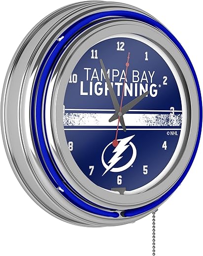 Trademark Global Neon Clock - Retro Tampa Bay Lightning Logo Analog Wall Clock with Pull Chain - for Kitchen, Garage, Game Room, or Home Bar