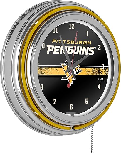 Trademark Global NHL Chrome Double Rung Neon Clock - Pittsburgh Penguins