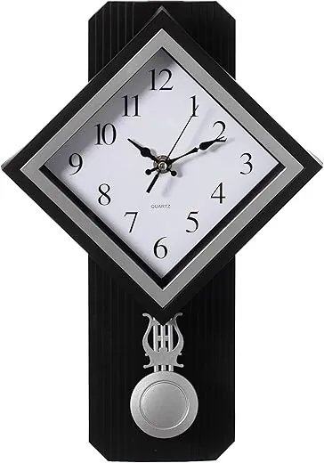 Traditional Black Square Wood- Looking Pendulum Plastic Wall Clock for Living Room, Kitchen, or Dining Room