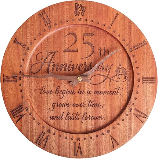 Treble Bee Personalized Anniversary Clock, Family Clock, Engraved Wooden Clock Gifts for Parents' 25th Wedding Anniversary, Golden Anniversary Decorations