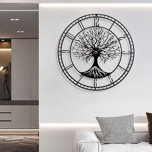 Tree of Life Wall Clock,Metal Black Large Wall Clock, 24inch Oversized Wall Clock for Living Room Bedroom Home Decor,Silent Mid-Century Clock,Modern Family Tree Clock