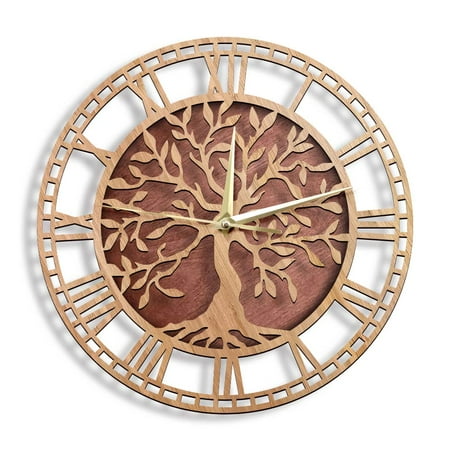 Tree of Life Wooden Wall Clock Laser Cut Art Farmhouse Style Wall Watch Family Tree Home Decor Housewarming Quiet Sweep Clock