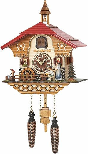 Trenkle Quartz Cuckoo Clock Black Forest House with Moving Black Forest Woman and Mill Wheel, with Music TU 4215 QM