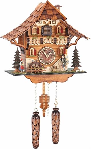 Trenkle Quartz Cuckoo Clock Black Forest House with Moving Mill Wheel and Clock Peddler, with Music TU 478 QM HZZG