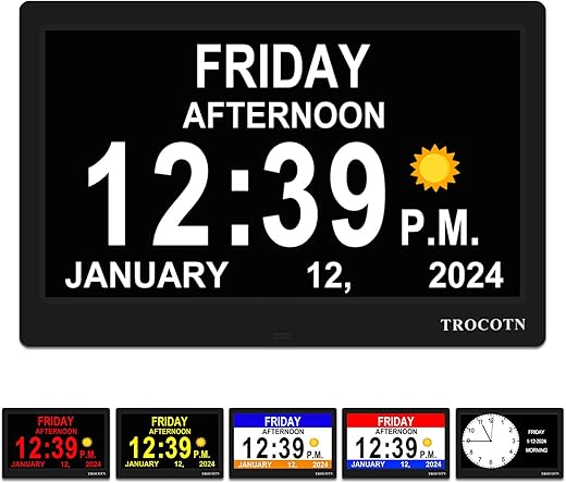 TROCOTN【Newest Dementia Clock Large Digital Clock for Seniors, Calendar Clock Large Display with Custom Alarms,Wall Clock with Day & Date, Alarm Clock,Desk Clock (10 inch Black)