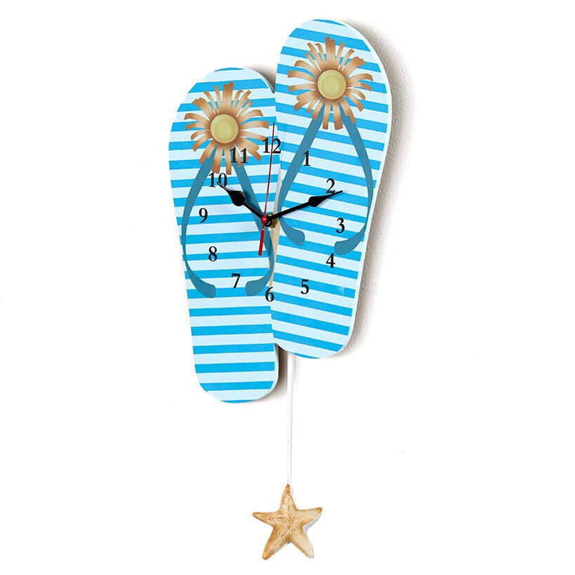 Tropical Beach Seaside Flip-Flop Wall Clock Coastal Seashell Blue Flipflop Clock