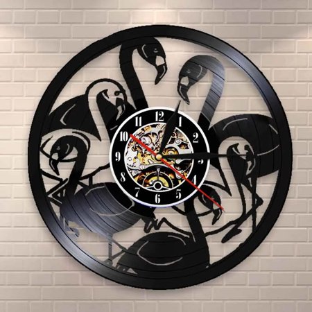 Tropical Flamingo Quartz Exclusive Vinyl Wall Clock,Vinyl Record Clock Wall Art Black Handmade Art Home Unique Gift idea