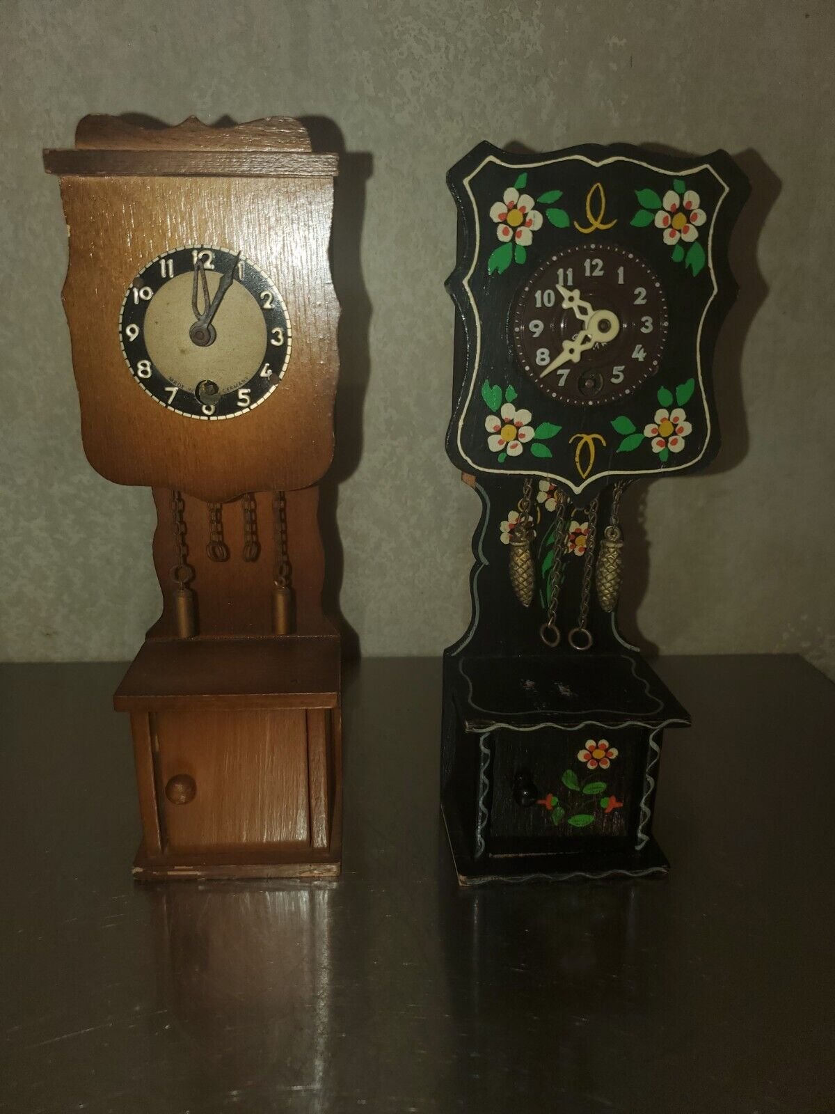 TWO Vintage Pretty Mini Miniature Grandfather Wall Clocks. As Is