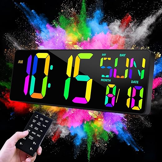 TXL16.5 Digital Wall Clock Large Display, LED Wall Clock RGB Color Changing, Count Up/Down Timer Clock with Remote Control, Adjustable Brightness Alarm Clock for Home, Office, Gym, Elderly, Auto DST