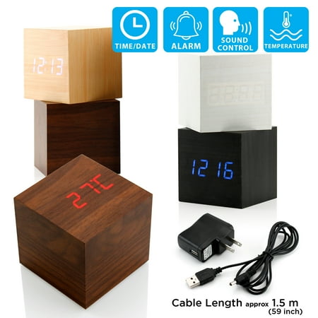 Ultra Modern Wooden LED Clock Square Cube Digital Alarm Thermometer Timer Calendar Updated 2016 Brighter Stylish Wood Clock