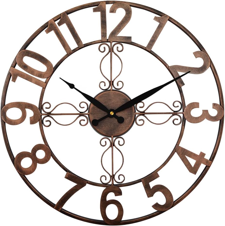 UMEXUS Outdoor Indoor Retro Wall Clock Waterproof, 18 Inch Metal Cut Out Large Decorative Silent Non Ticking Wall Clock for Living Room, Patio, Garden, Office, Home Decor (Copper)