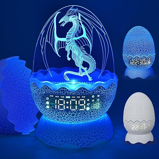 Unique Dragon Egg Alarm Clock/Digital Clock with Night Light/Lullaby White Noise/Bluetooth Speaker, Remote Control 16 Colors & Brightness & Volume, Cool Dragon Gift for Kids/Adult