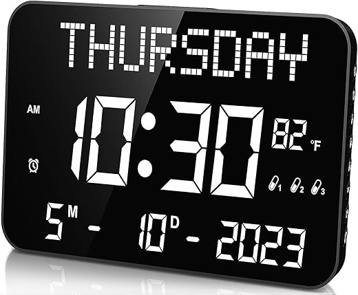 Upgraded 11.2" Large Digital Calendar Clock with Day and Date - Remote Control, 4 Alarms & 8 Sounds, LED Digital Desk Clock with Loud Volume for Seniors, Dementia, Adjustable Dimmer | Temperature| DST