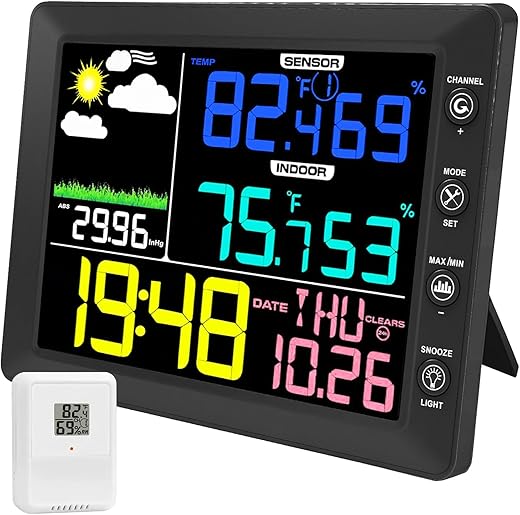 Urageuxy Weather Station Wireless Indoor Outdoor Thermometer, 8.3 Inch Color Display Digital Home Weather Station Wireless with Clock, Dew Point, Temperature, Humidity, Weather Forecast