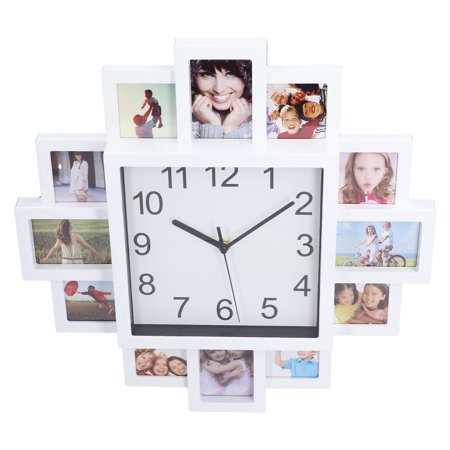 Urbaneden Personalized Photo Wall Clock, 15.35In White Photo Frame Wall Clock Multi Photo Personalized Clock Home Decor, Picture Frame Wall Clock For Bedroom, Living Room, Study Room, Office