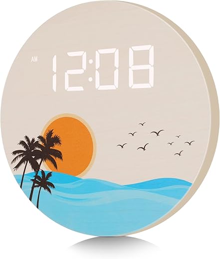 USB Plug in Digital Wall Clock, Sunset Ocean Wave Design, 12/24Hr Wall Mounted Digital Clock, LED Wooden Silent Wall Clock for Kitchen Living Room Bedroom Office (12 in Off White)