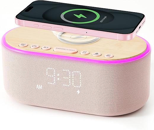 uscce Alarm Clock Bluetooth FM Radio: 10W Stereo Sound Speaker - Fast Wireless Charging for iPhone Samsung - Dimmable Clock Radio for Bedroom