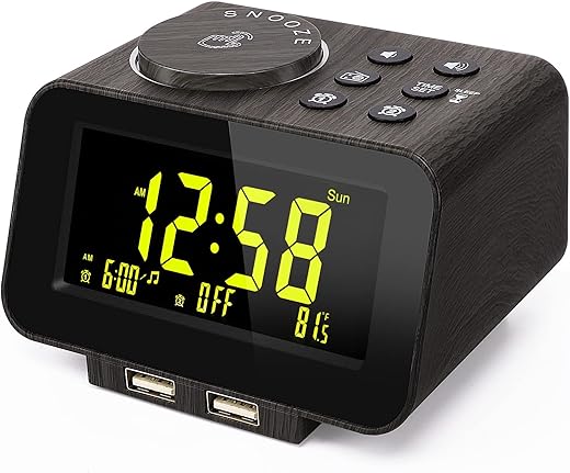 uscce Alarm Clock Radio for Bedroom - 0-100% Dimmer, 2 USB Chargers, Dual Alarm with Weekday/Weekend Mode, FM Radio w/Auto-Off Timer, Battery Backup, Loud Alarm Clock for Heavy Sleeper(Wood Grain)