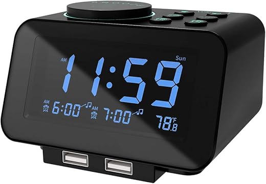 uscce Digital Dual Alarm Clock Radio - 0-100% Dimmer with Weekday/Weekend Mode, 6 Sounds Adjustable Volume, FM Radio w/Sleep Timer, Snooze, 2 USB Charging Ports, Thermometer, Battery Backup