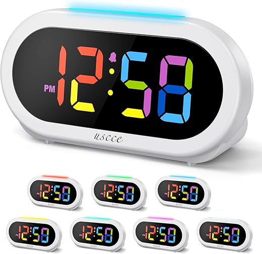 uscce Small Colorful Alarm Clock for Kids Bedroom - 7 Color Night Light, 0-100% Dimmer, 5 Alarm Sounds, USB Charger, Easy Snooze, 12/24Hr, Battery Backup, Compact Clock for Teens Boys Bedside