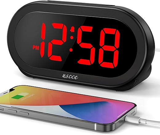 uscce Small Digital Alarm Clock with USB Port for Charging, 0-100% Adjustable Brightness Dimmer, Red Digit Display, Alarm Volume with 5 Alarm Sounds, 12/24Hr, Snooze, Compact Alarm Clock for Bedroom