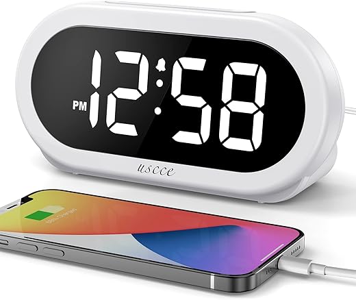 USCCE Small Digital Alarm Clock with USB Port for Charging, 0-100% Adjustable Brightness Dimmer, White Digit Display, Alarm Volume with 5 Alarm Sounds, 12/24Hr, Snooze, Compact Alarm Clock for Bedroom