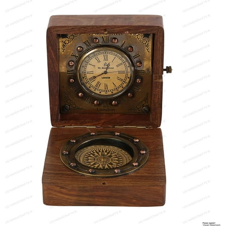 US HANDICRAFTS Nautical Handmade Authentic Brass Clock Compass in Rose Wood Box, Replica of Vintage Product Best Gift for Your Love one